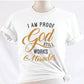 I am proof God still works miracles Christian aesthetic testimony design printed in charcoal and gold on white unisex t-shirt for women