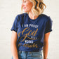 I am proof God still works miracles Christian aesthetic testimony design printed in white and gold on soft navy blue unisex t-shirt for women