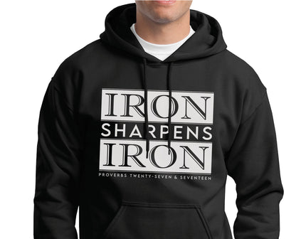 Iron Sharpens Iron Proverbs 27:17 Bible Verse Christian aesthetic faith-based hoodie with bold white design printed on cozy black unisex hoodie sweatshirt for men and women
