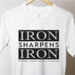 Iron Sharpens Iron Proverbs 27:17 Christian aesthetic block style design printed in black on soft white unisex t-shirt for men's groups