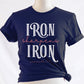 Iron Sharpens Iron Proverbs 27:17 Christian aesthetic design printed in white and mauve on ladies soft navy blue unisex t-shirt for women's groups