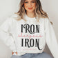 Iron Sharpens Iron Proverbs 27:17 Christian aesthetic design printed in black and mauve on cozy white unisex crewneck sweatshirt for women's groups