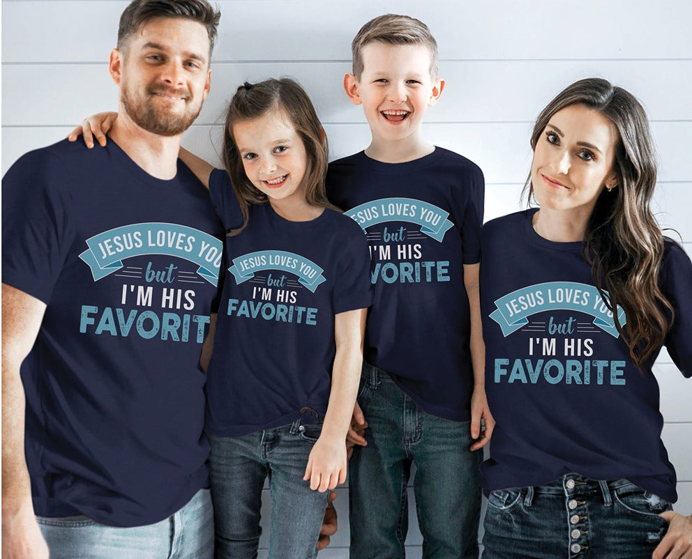 Jesus Loves You But I'm His Favorite funny religious Christian aesthetic adult size t-shirt printed in teal on soft navy blue unisex tee for women & men, kids sizes also available