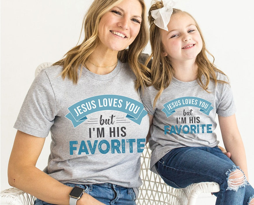 Jesus Loves You But I'm His Favorite funny religious Christian aesthetic adult size t-shirt printed in teal on soft heather gray unisex tee for women & men, kids sizes also available