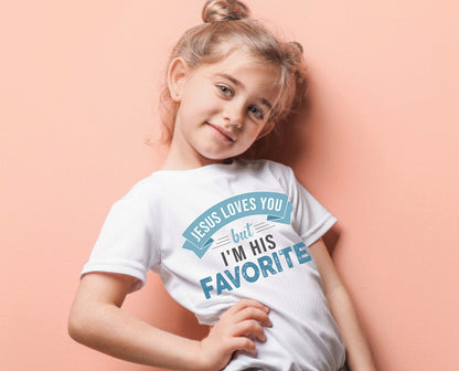Jesus Loves You But I'm His Favorite funny Christian aesthetic youth size t-shirt printed in teal on soft white boys and girls kids tee
