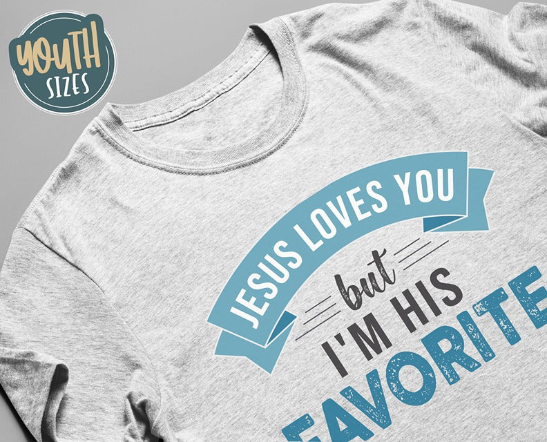 Jesus Loves You But I'm His Favorite funny Christian aesthetic youth size t-shirt printed in teal on soft heather gray boys and girls kids tee