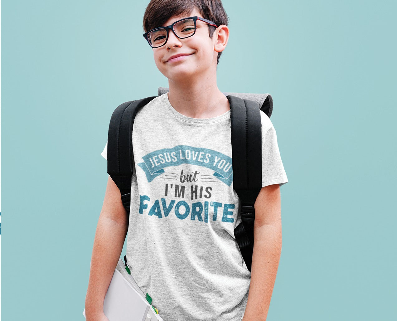 Jesus Loves You But I'm His Favorite funny Christian aesthetic youth size t-shirt printed in teal on soft heather gray boys and girls kids tee