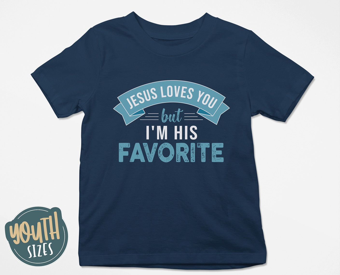 Jesus Loves You But I'm His Favorite funny Christian aesthetic youth size t-shirt printed in teal on soft navy blue boys and girls kids tee