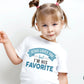 Toddler Jesus Loves You But I'm His Favorite funny Christian aesthetic child's size t-shirt printed in teal on soft white boys and girls kids tee