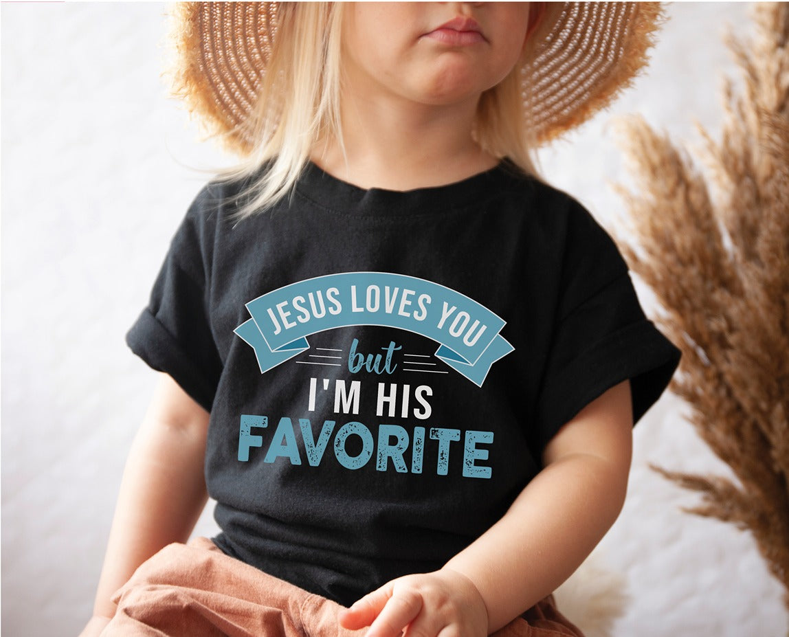 Toddler Jesus Loves You But I'm His Favorite funny Christian aesthetic child's size t-shirt printed in teal on soft black boys and girls kids tee