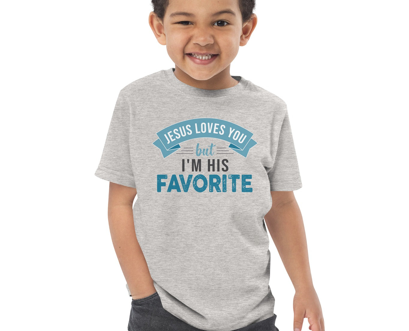 Toddler Jesus Loves You But I'm His Favorite funny Christian aesthetic child's size t-shirt printed in teal on soft heather gray boys and girls kids tee