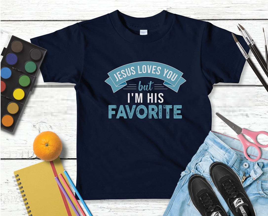 Toddler Jesus Loves You But I'm His Favorite funny Christian aesthetic child's size t-shirt printed in teal on soft navy blue boys and girls kids tee