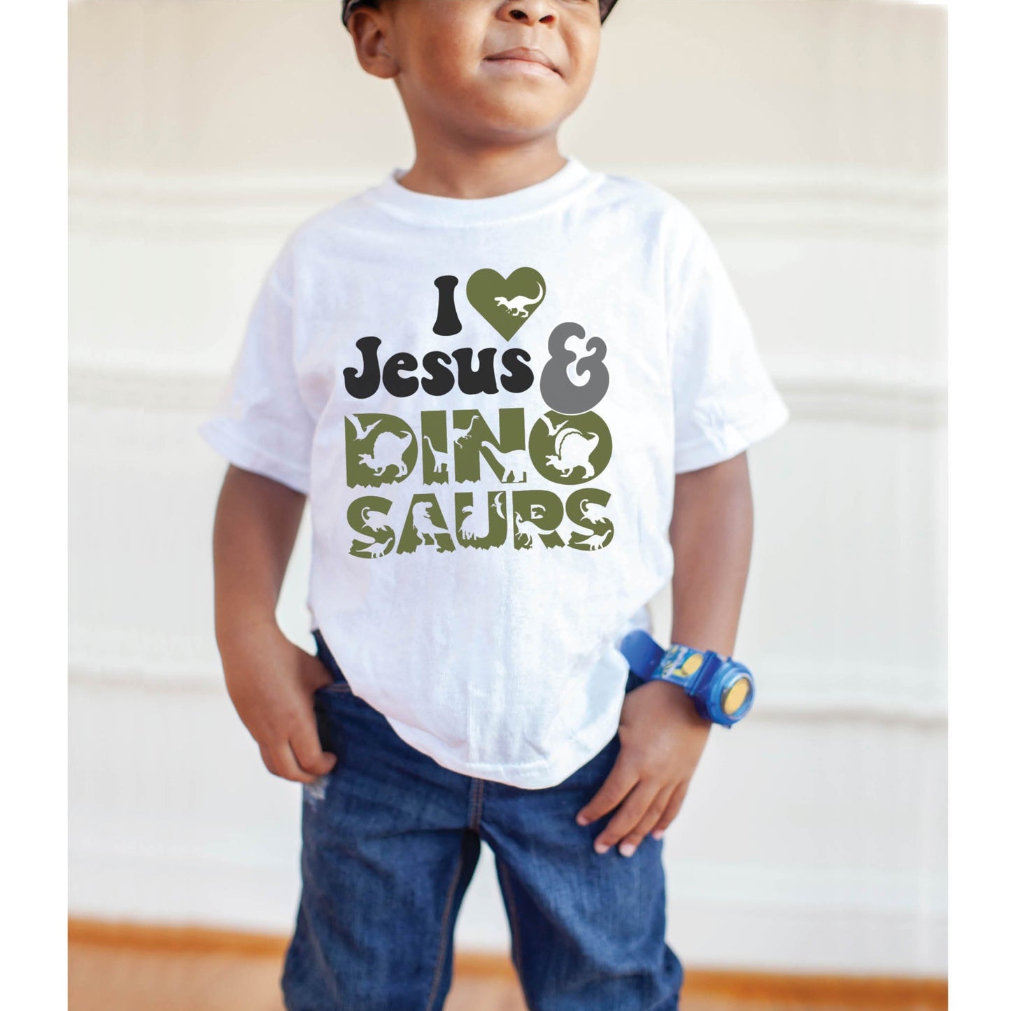 I Love Jesus and Dinosaurs cute Christian aesthetic soft toddler size kids t-shirt for boys in white, black, heather gray, and navy blue