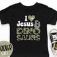 I Love Jesus and Dinosaurs cute Christian aesthetic soft toddler size kids t-shirt for boys in white, black, heather gray, and navy blue