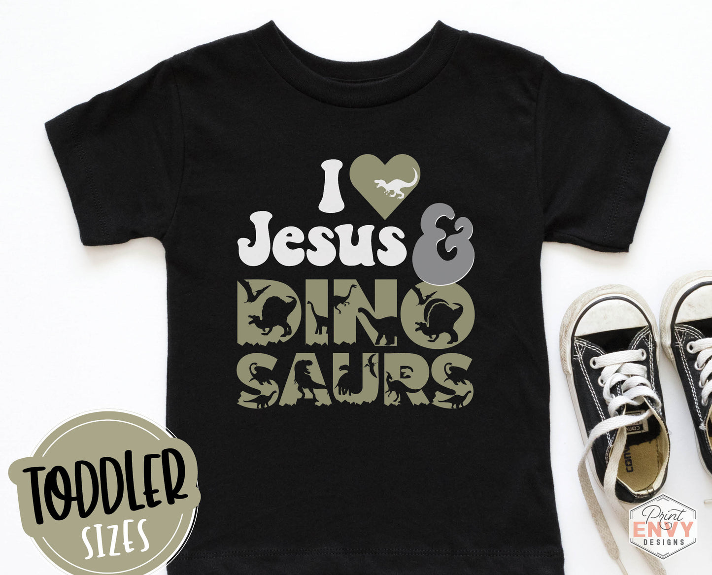 I Love Jesus and Dinosaurs cute Christian aesthetic soft toddler size kids t-shirt for boys in white, black, heather gray, and navy blue