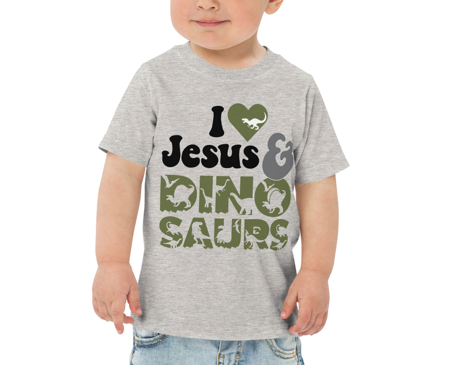 I Love Jesus and Dinosaurs cute Christian aesthetic soft toddler size kids t-shirt for boys in white, black, heather gray, and navy blue