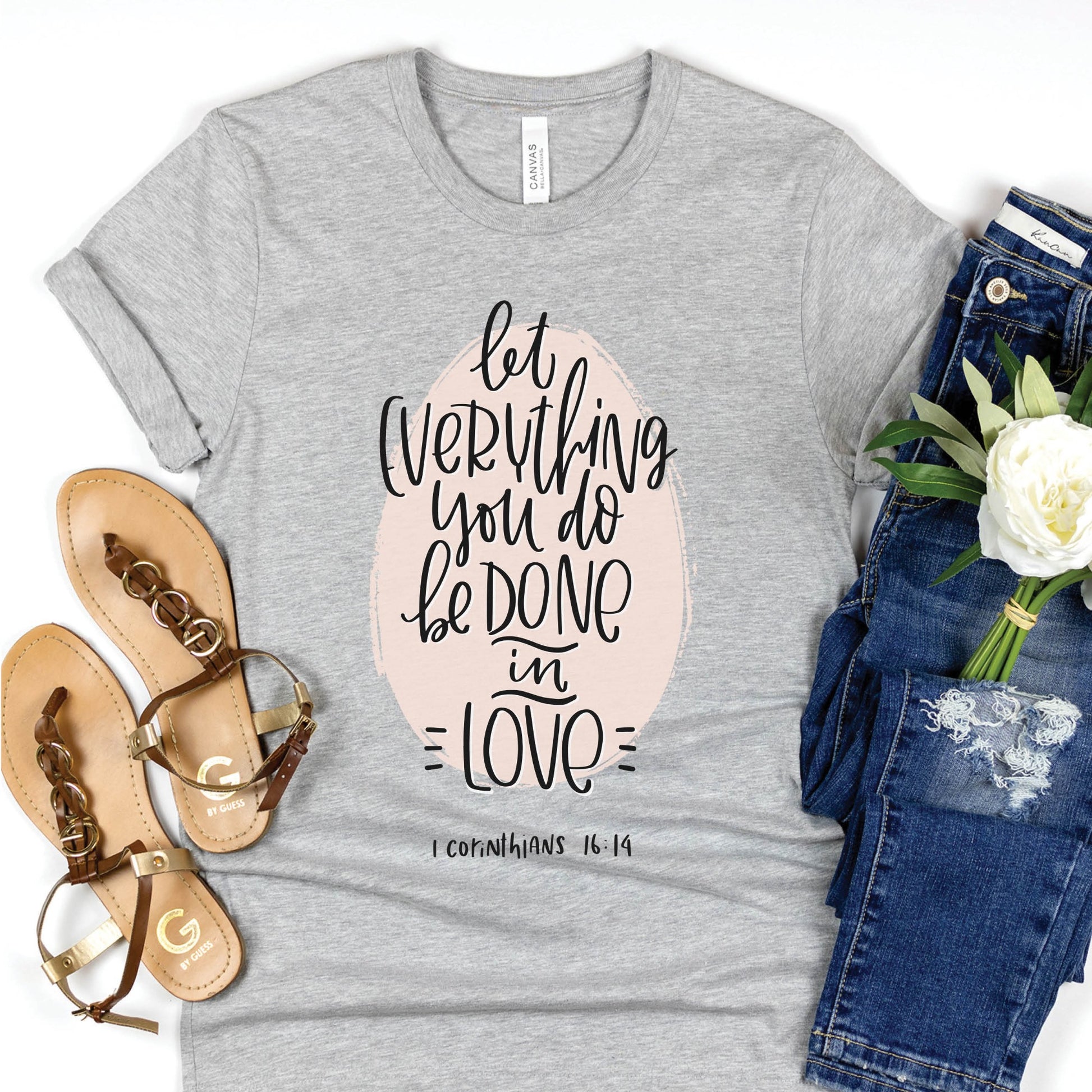 Soft quality athletic heather gray t-shirt with 1 Corinthians 16:14 Let Everything You Do Be Done In Love bible verse printed in blush pink and black - Christian aesthetic unisex tee shirt design for women