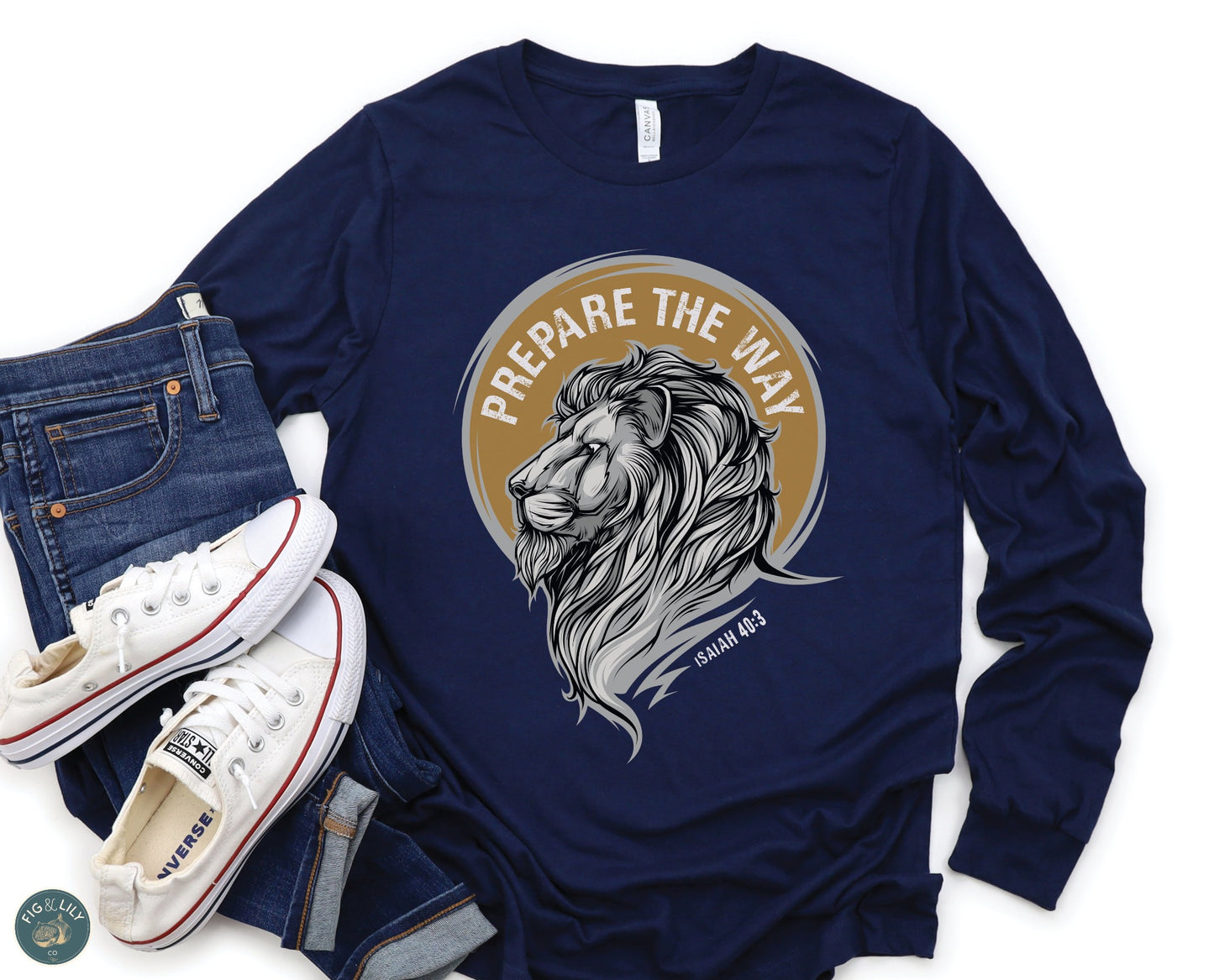 Lion of Judah Prepare the Way Isaiah 40:3 Christian aesthetic design printed in white and gold on soft navy blue long sleeve tee for men & women