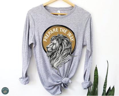 Lion of Judah Prepare the Way Isaiah 40:3 Christian aesthetic design printed in black and gold on soft heather heather gray long sleeve tee for men & women