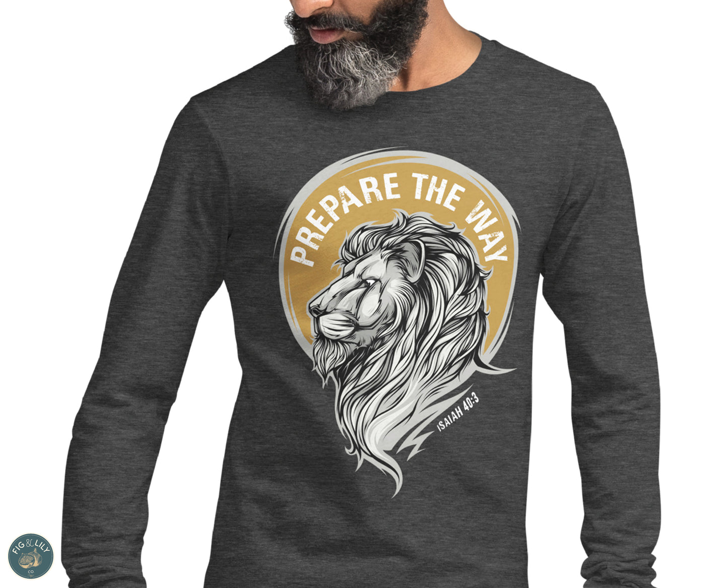 Lion of Judah Prepare the Way Isaiah 40:3 Christian aesthetic design printed in white and gold on soft heather dark gray long sleeve tee for men & women