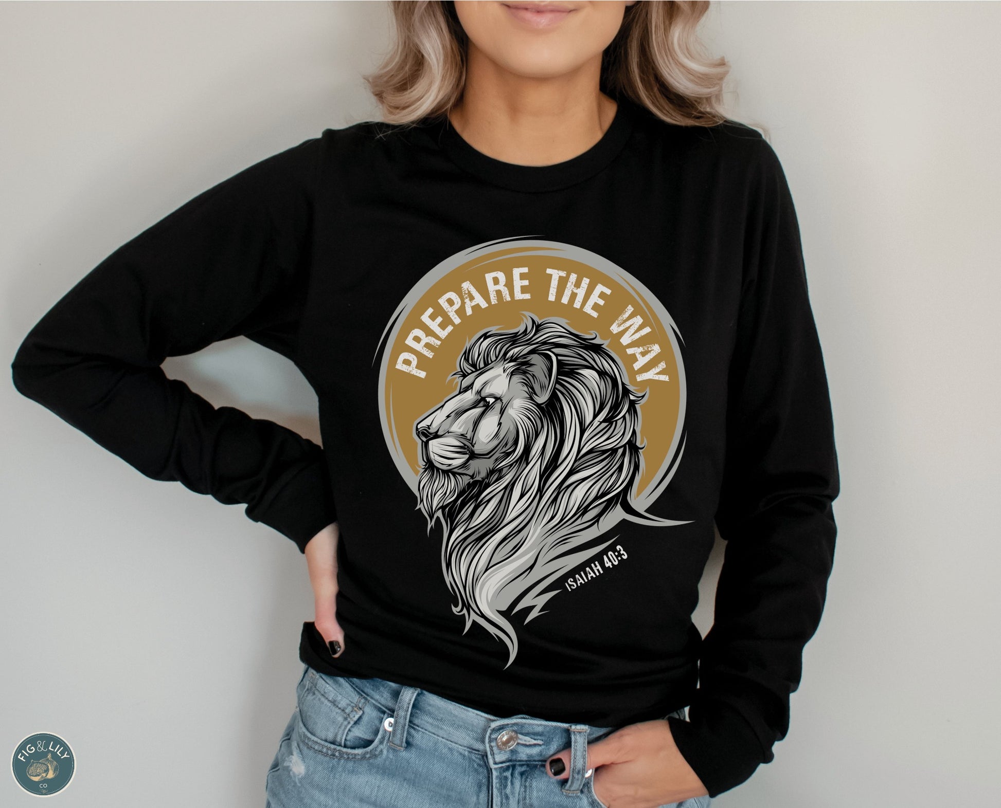 Lion of Judah Prepare the Way Isaiah 40:3 Christian aesthetic design printed in white and gold on black soft long sleeve tee for men & women