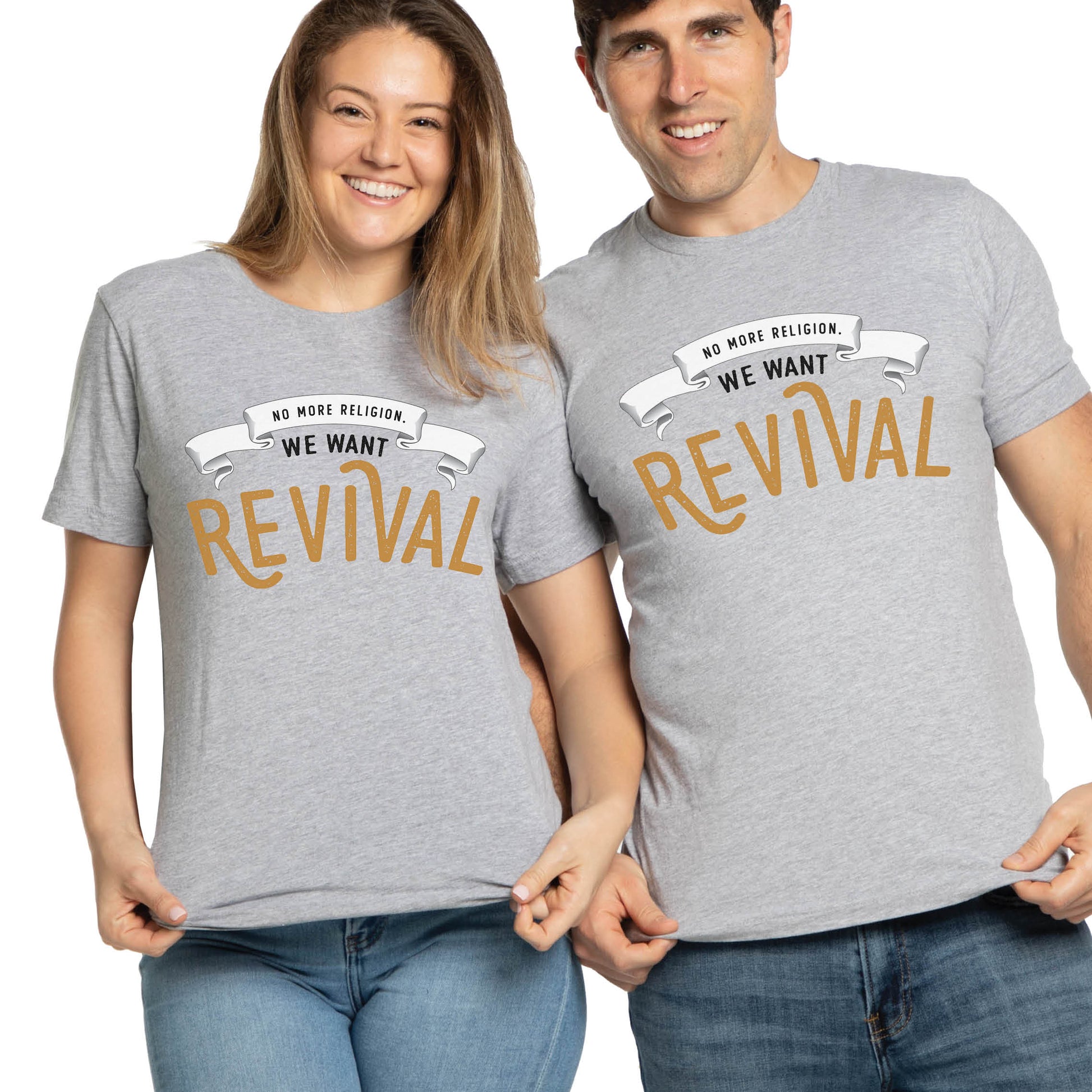 Athletic Heather Gray Christian aesthetic soft Unisex T-shirt that says, No More Religion We Want Revival printed in gold and black, church gift Jesus couple graphic tees designed for men and women 
