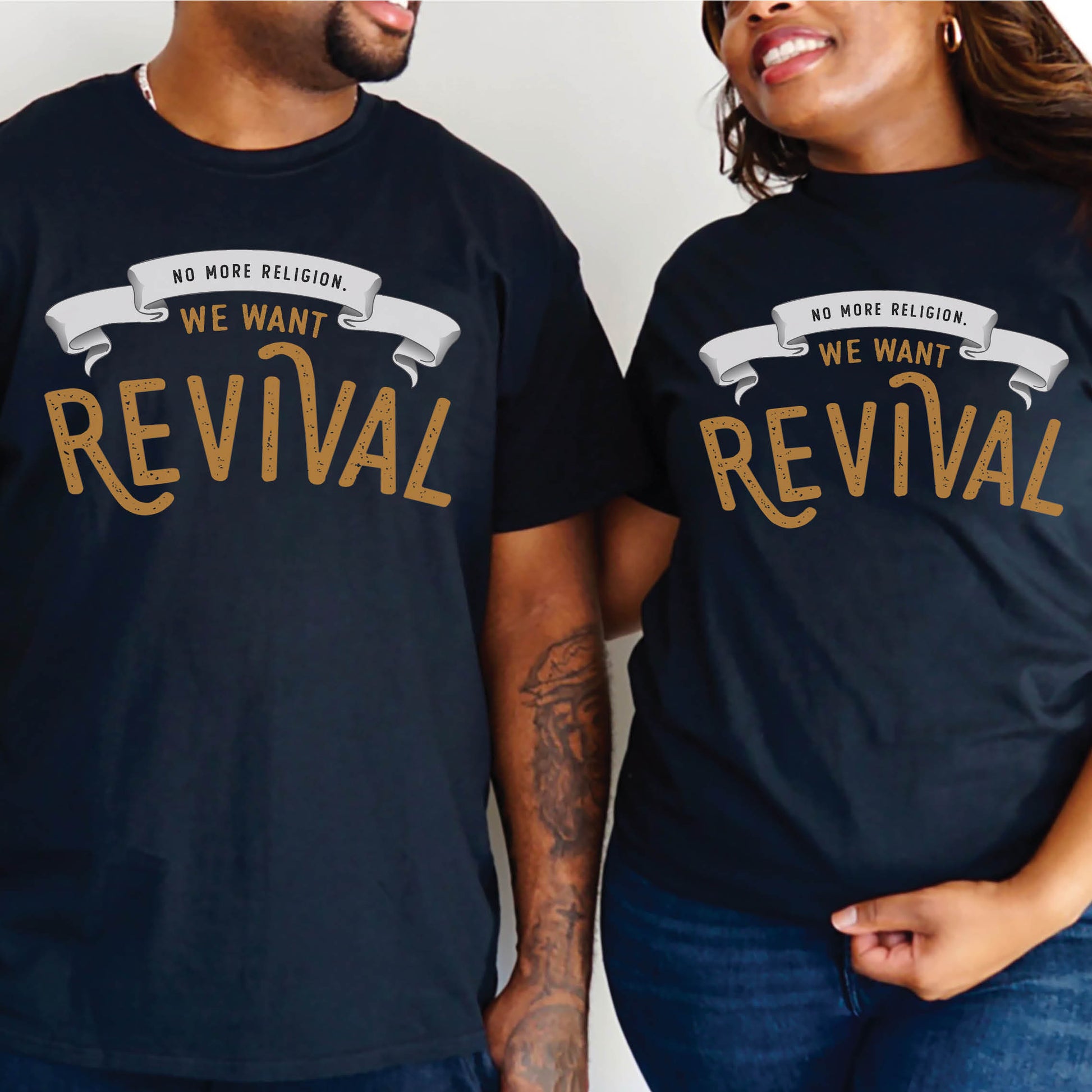 Black Jesus Christian aesthetic soft Unisex T-shirt that says, No More Religion We Want Revival printed in gold and white, church gift couple graphic tees designed for men and women 