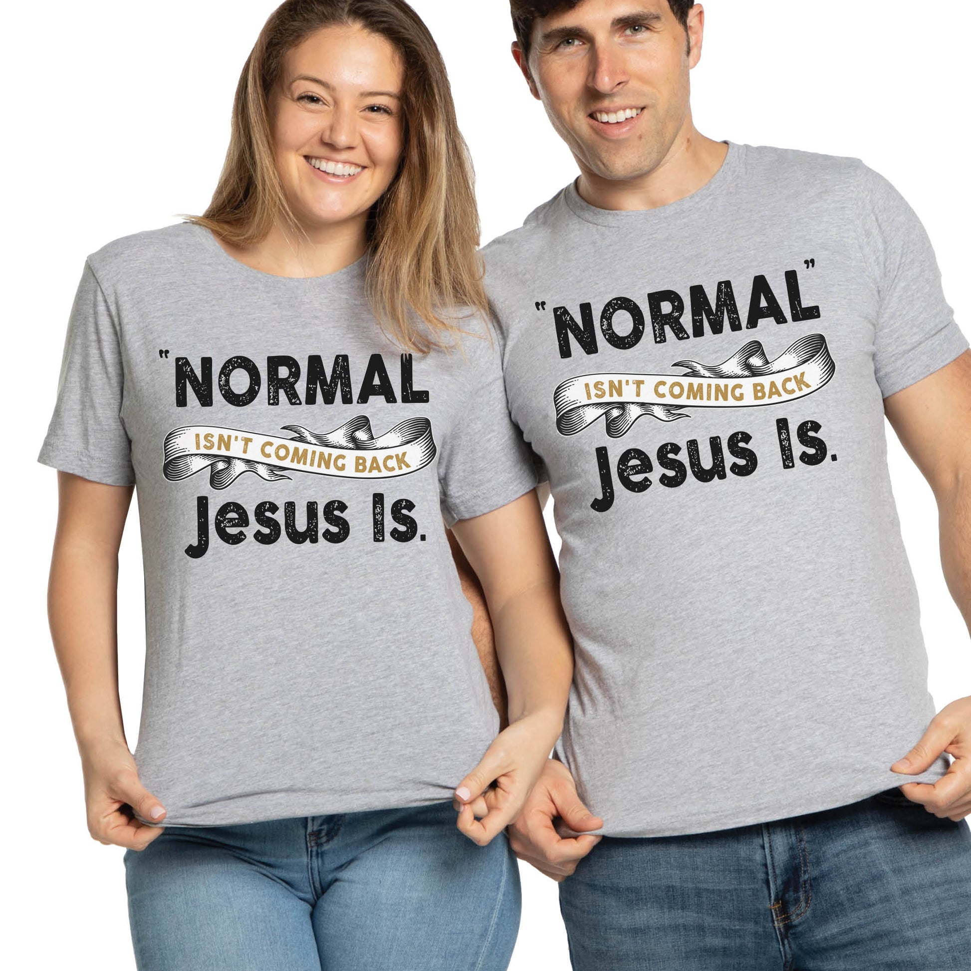 Athletic Heather Bella Canvas Christian Revival aesthetic unisex T-Shirt that says, Normal Isn't Coming Back, Jesus Is printed in white black and gold, Jesus church graphic tees gift designed for men and women couple