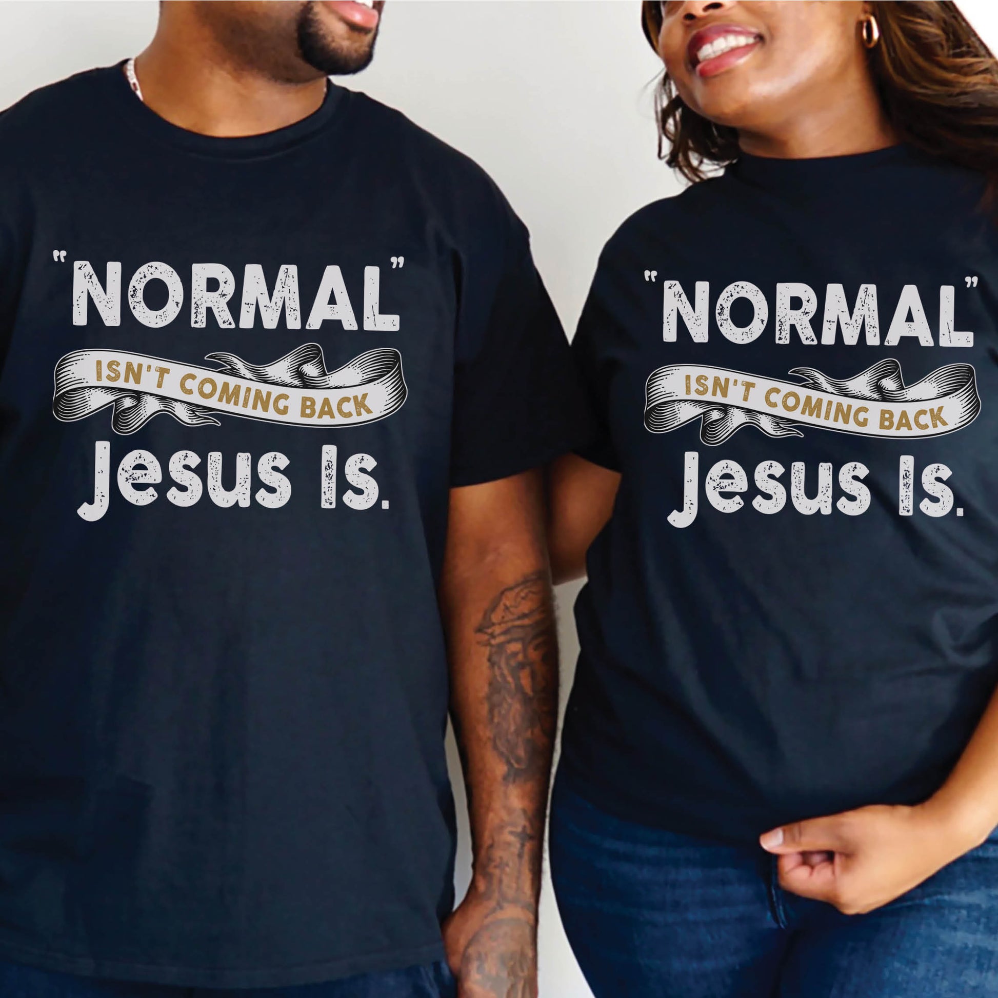 Black Bella Canvas Christian Revival aesthetic unisex T-Shirt that says, Normal Isn't Coming Back, Jesus Is printed in white black and gold, Jesus church graphic tees gift designed for men and women couples