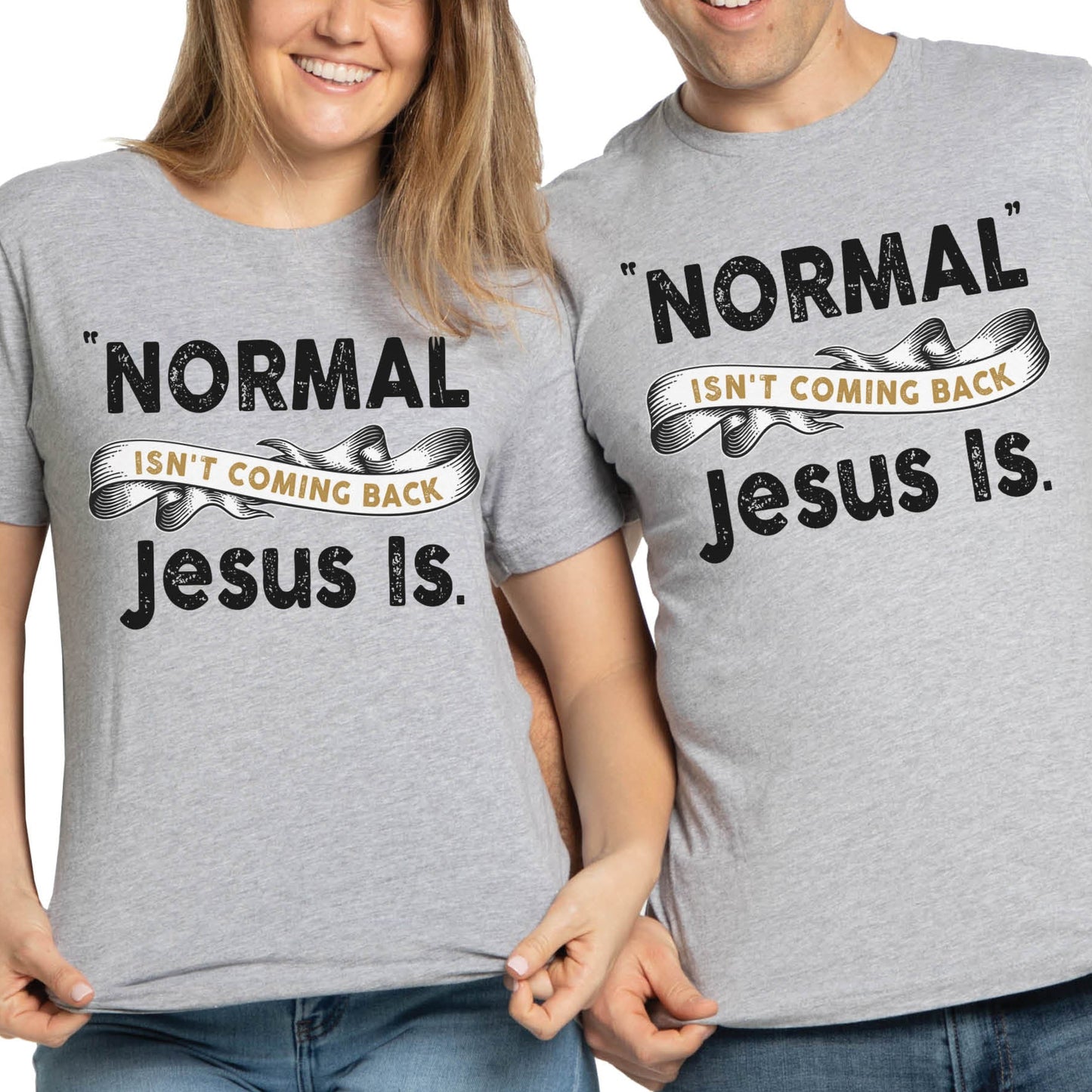 Athletic Heather Bella Canvas Christian Revival aesthetic unisex T-Shirt that says, Normal Isn't Coming Back, Jesus Is printed in white black and gold, Jesus church graphic tees gift designed for men and women couple