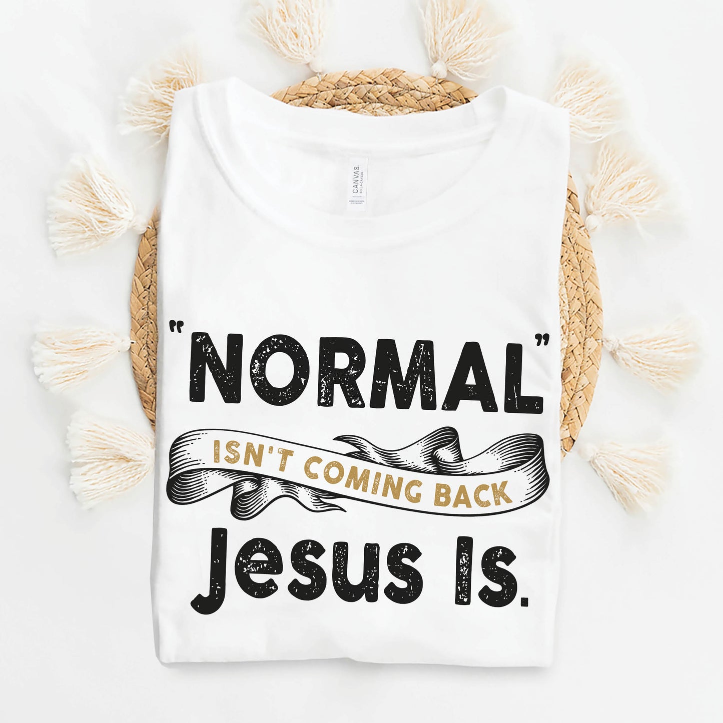 White Bella Canvas Christian Revival aesthetic unisex T-Shirt that says, Normal Isn't Coming Back, Jesus Is printed in black and gold, Jesus church graphic tees gift designed for men and women