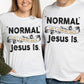 White Bella Canvas Christian Revival aesthetic unisex T-Shirt that says, Normal Isn't Coming Back, Jesus Is printed in black and gold, Jesus church graphic tees gift designed for men and women couples