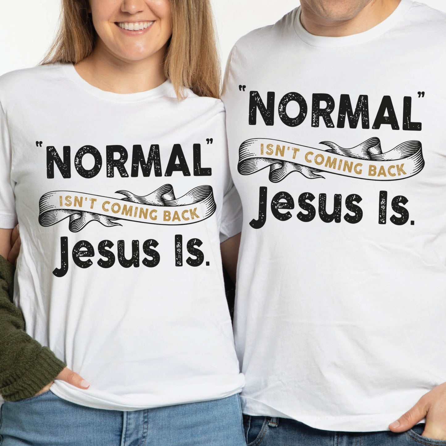 White Bella Canvas Christian Revival aesthetic unisex T-Shirt that says, Normal Isn't Coming Back, Jesus Is printed in black and gold, Jesus church graphic tees gift designed for men and women couples