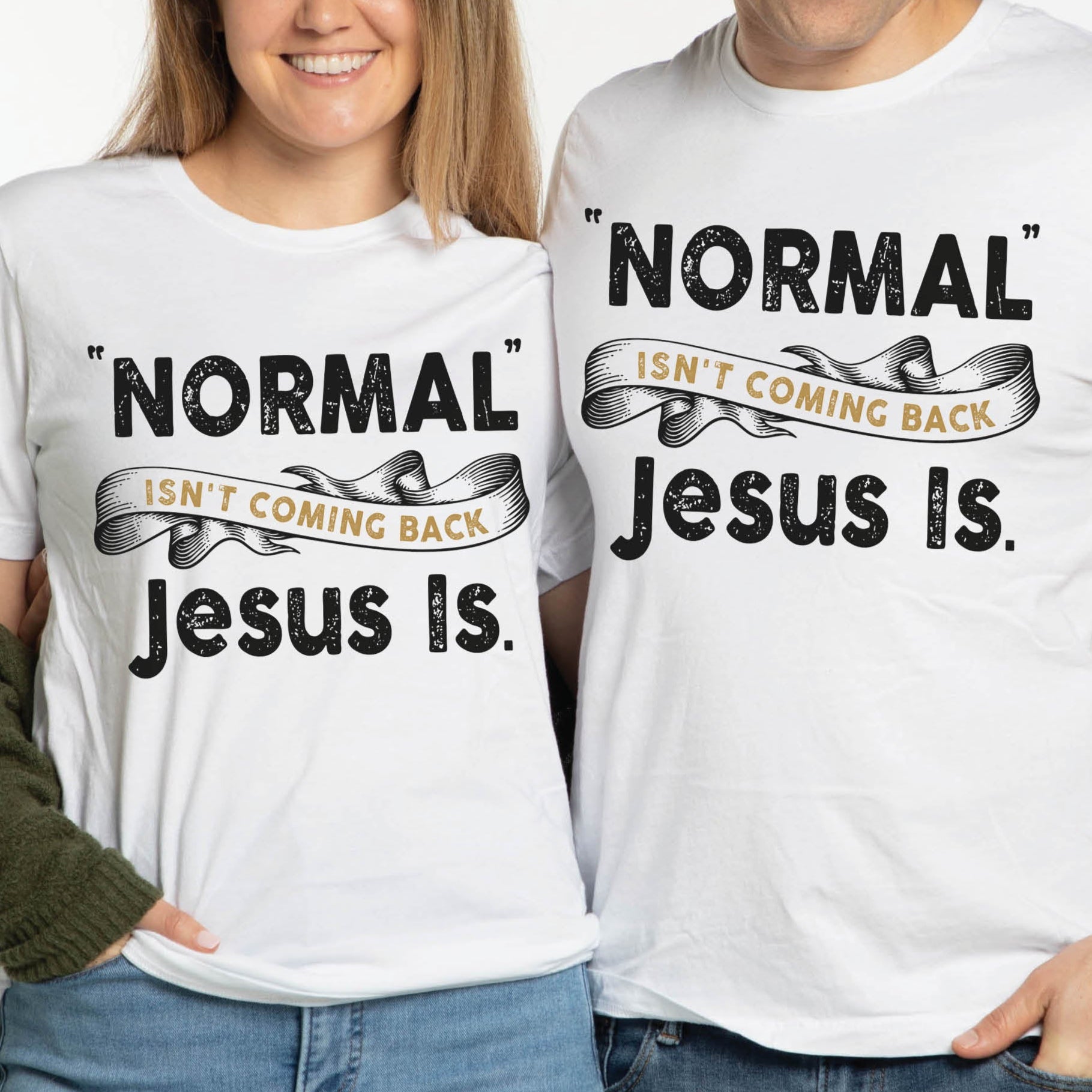 White Bella Canvas Christian Revival aesthetic unisex T-Shirt that says, Normal Isn't Coming Back, Jesus Is printed in black and gold, Jesus church graphic tees gift designed for men and women couples