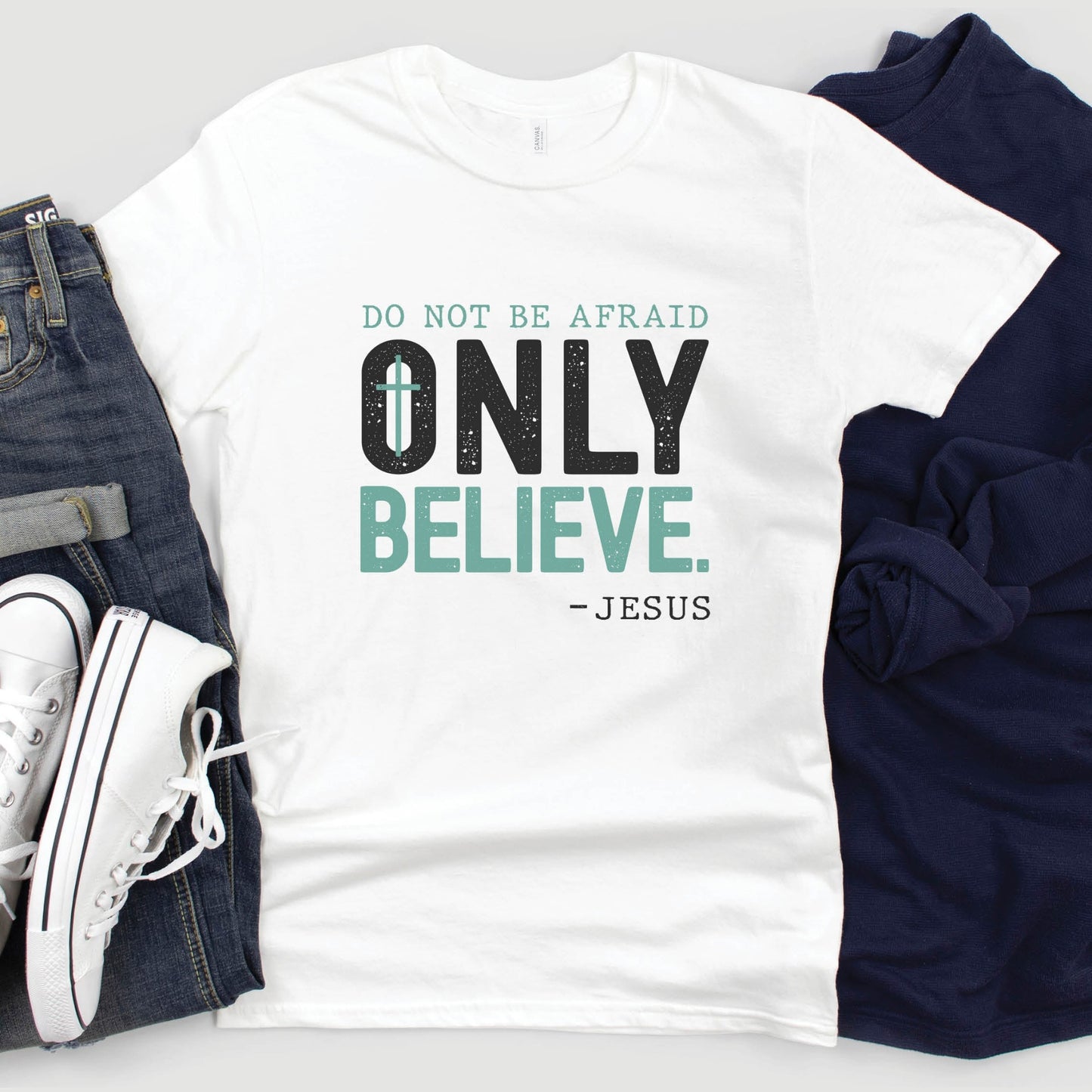 Do Not Be Afraid, Only Believe, Jesus Quote Christian aesthetic Mark 5:36 healing miracle bible verse textured black and teal wording printed on soft white unisex t-shirt for men and women