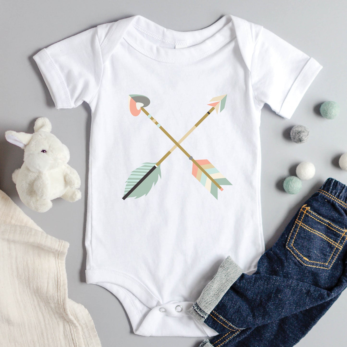 Cute Criss Cross boho arrows white baby onesie bodysuit for boys and girls, matching mommy-and-me Christian Raising Arrows Psalm 127:4-5 scripture faith-based Mom T-Shirt