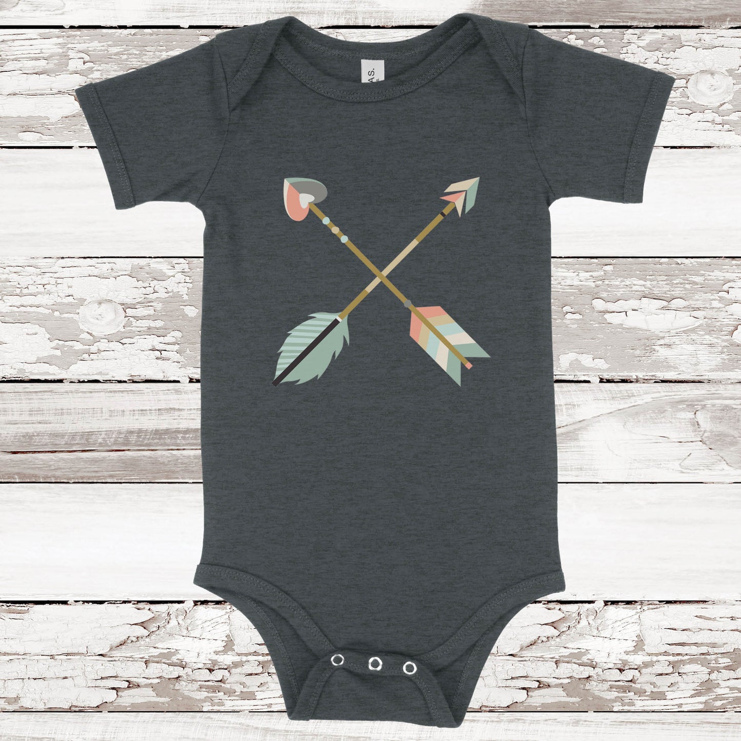 Cute criss cross boho arrows heather dark gray neutral baby onesie bodysuit for boys and girls, matching mommy-and-me Christian Raising Arrows Psalm 127:4-5 scripture faith-based Mom T-Shirt