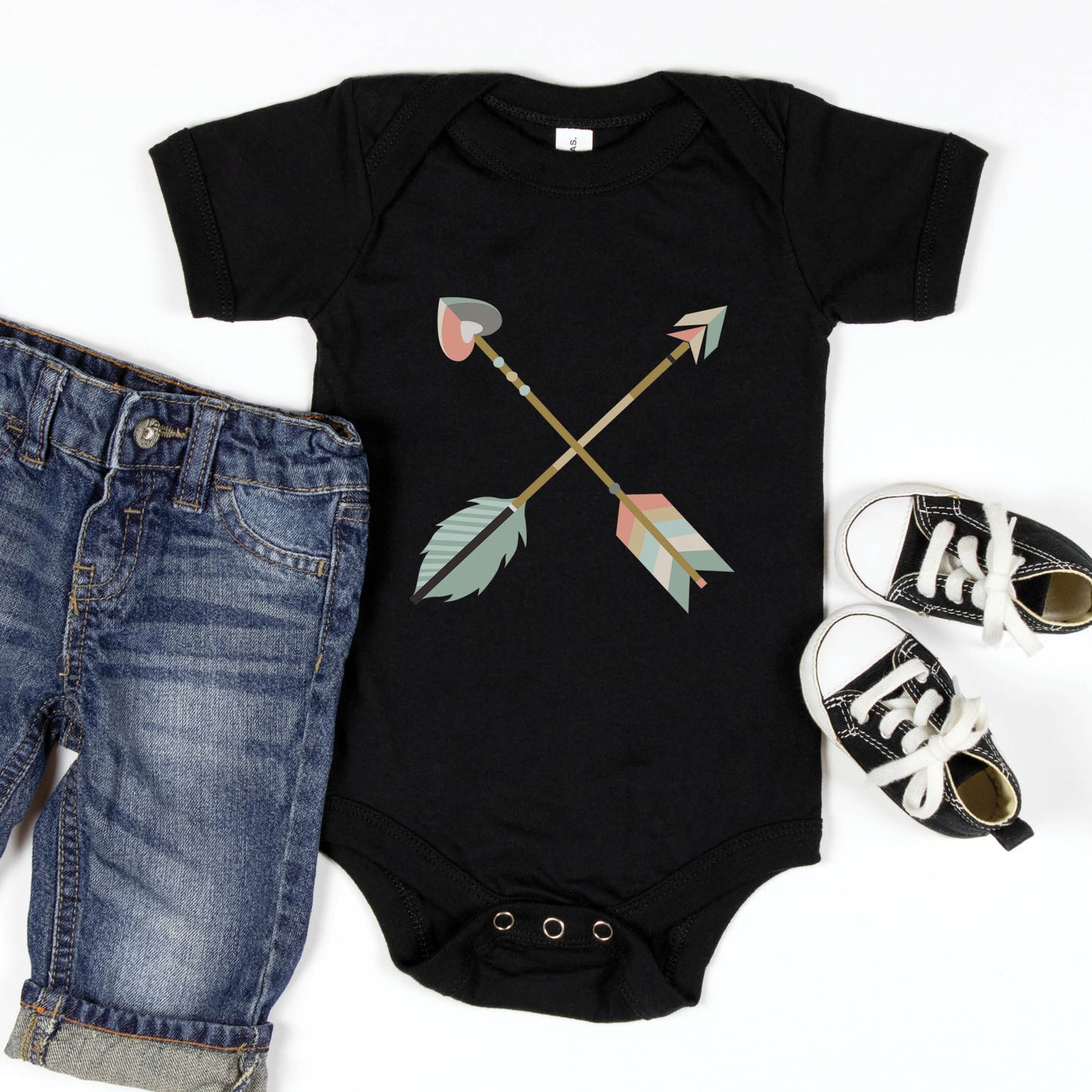 Cute criss cross boho arrows black neutral baby onesie bodysuit for boys and girls, matching mommy-and-me Christian Raising Arrows Psalm 127:4-5 scripture faith-based Mom T-Shirt