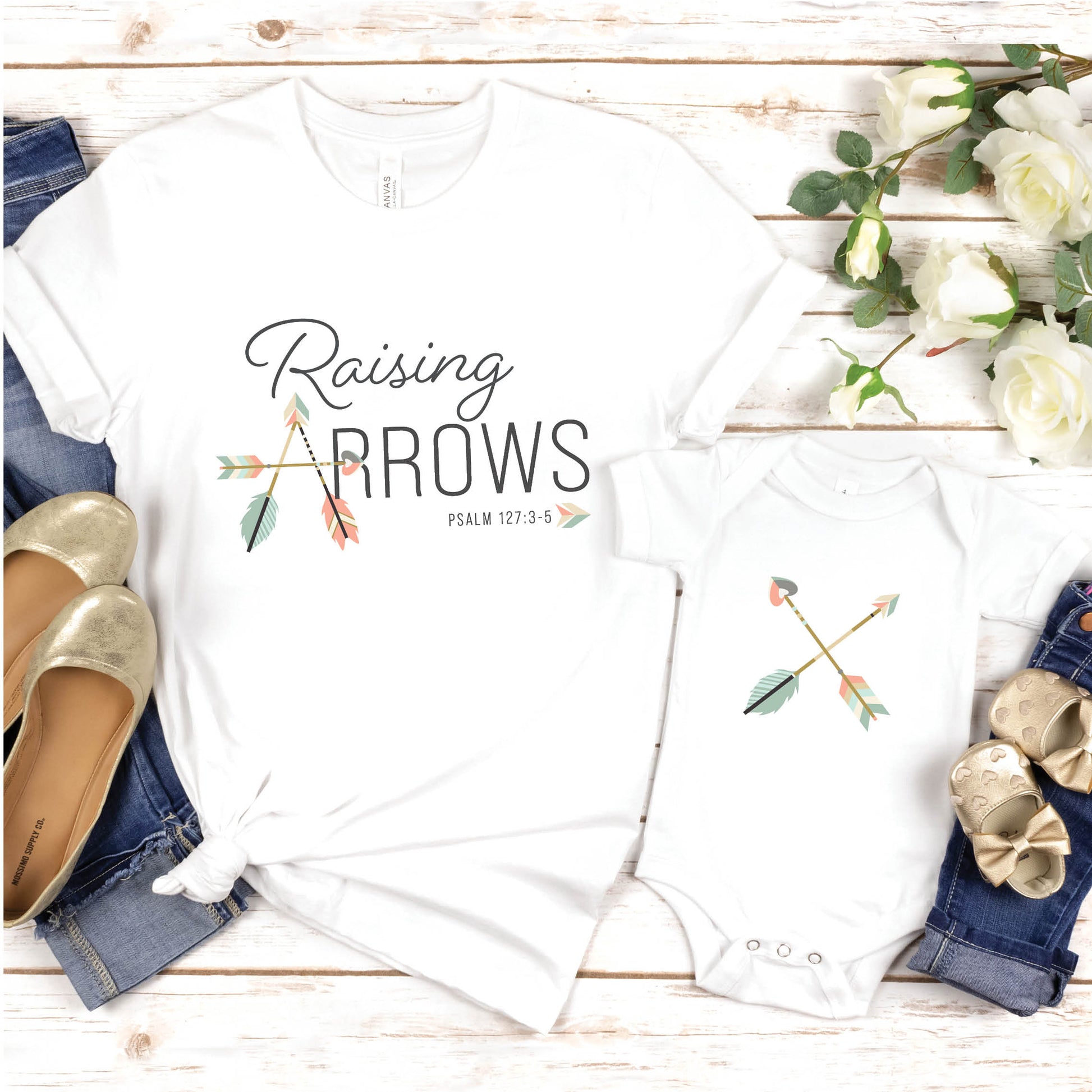 White and pastel boho arrow Christian aesthetic faith-based t-shirt and matching mommy-and-me onesie with Psalm 127:3-5 bible verse quote that says "Raising Arrows" blessed is the one with a quiver full of children, perfect for homeschool moms and kids