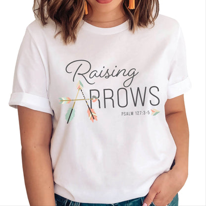 White and pastel boho arrow Christian aesthetic faith-based t-shirt with Psalm 127:3-5 bible verse quote that says "Raising Arrows" blessed is the one with a quiver full of children, perfect for homeschool moms and kids