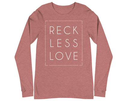 Rectangle Reckless Love Christian aesthetic worship design printed in white on cozy mauve dusty rose unisex long sleeve tee shirt for men and women