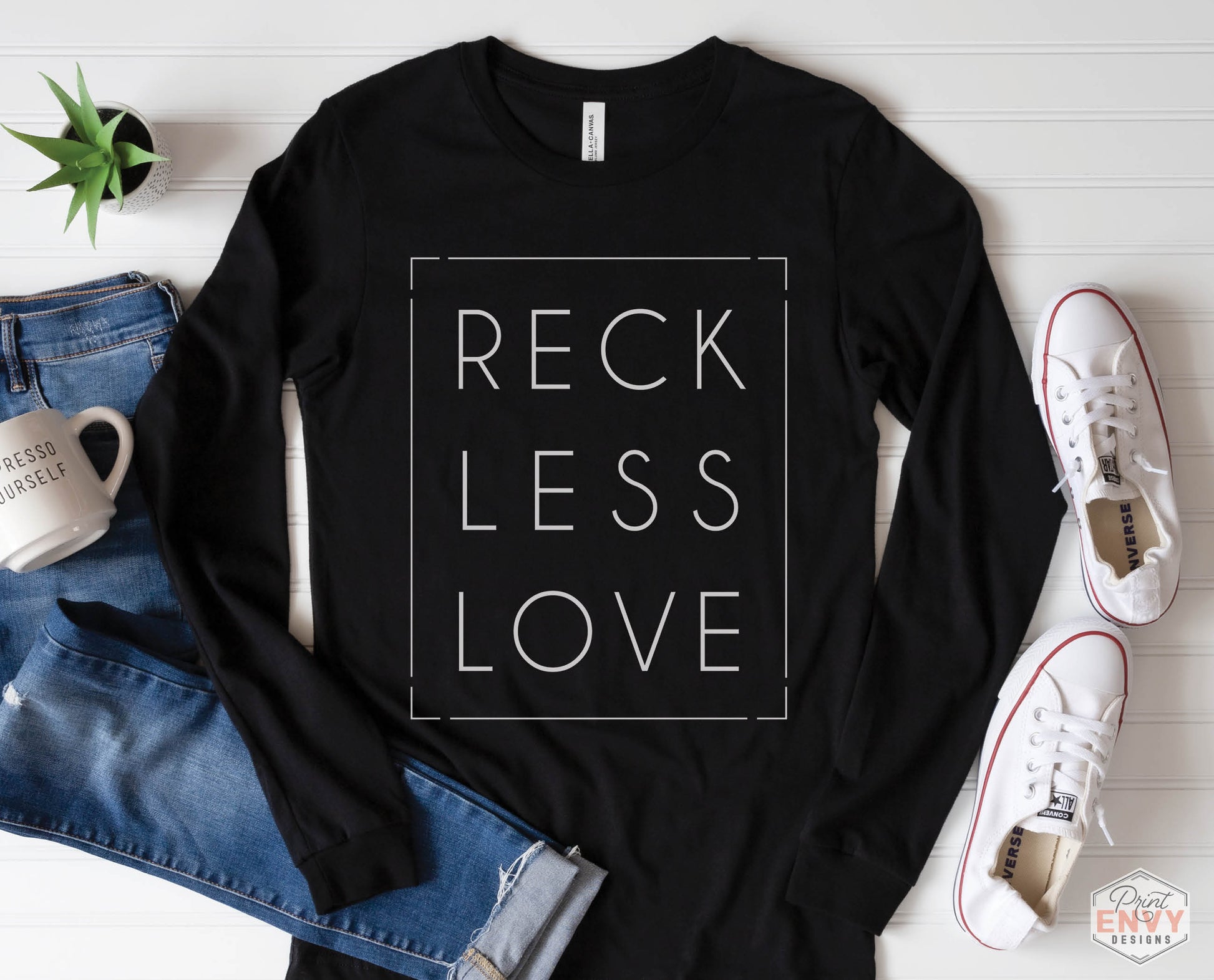 Rectangle Reckless Love Christian aesthetic worship design printed in white on cozy black unisex long sleeve tee shirt for men and women
