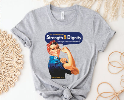 Rosie the Riveter Proverbs 31 Woman Christian aesthetic vintage polka dot head scarf design printed in white gold and navy blue on soft heather gray t-shirt for women