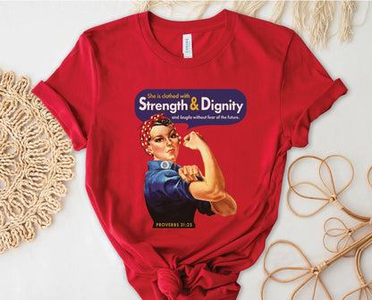 Rosie the Riveter Proverbs 31 Woman Christian aesthetic vintage polka dot head scarf design printed in white gold and navy blue on soft red t-shirt for women