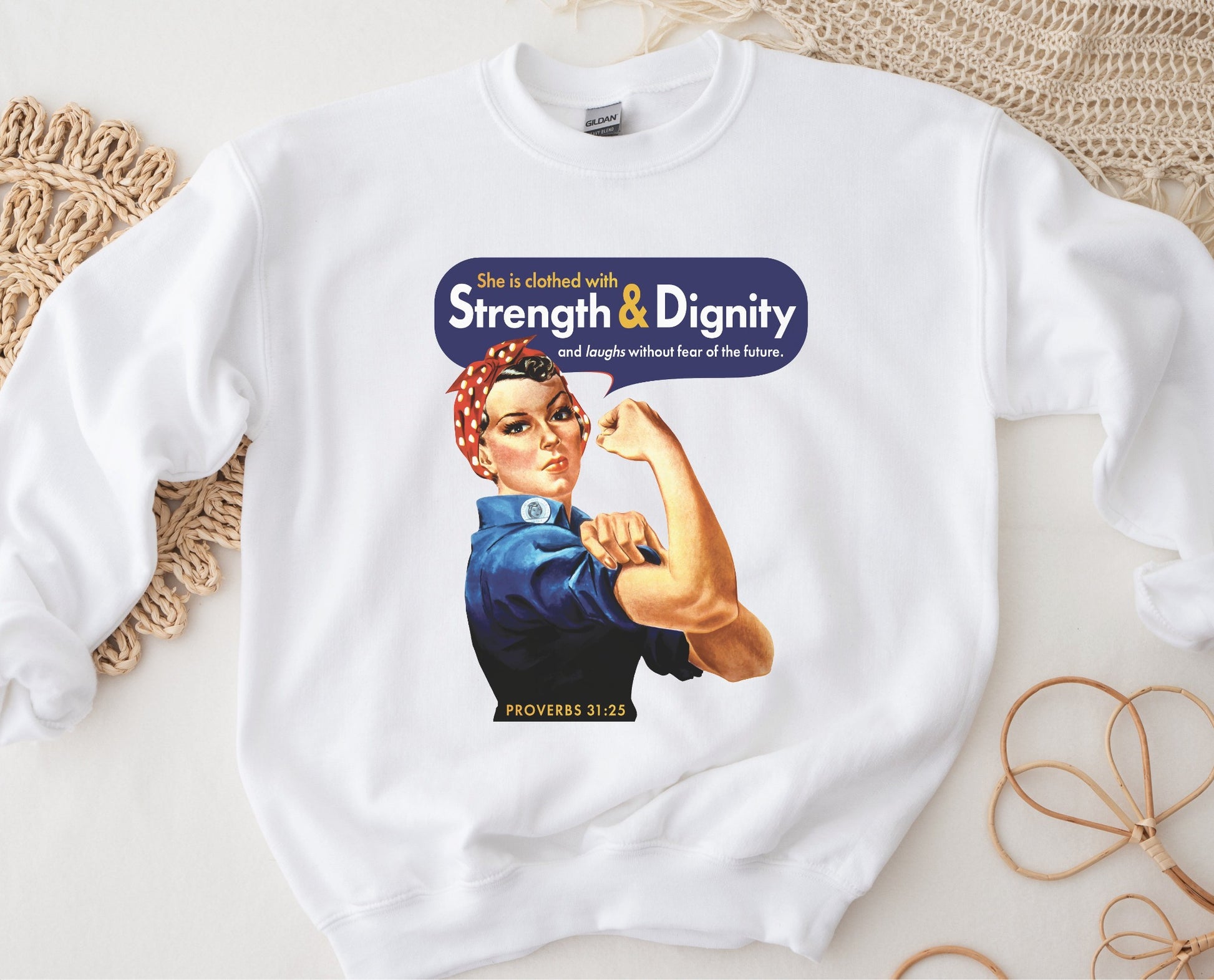 Rosie the Riveter Proverbs 31 Woman Christian aesthetic with iconic vintage female muscle design printed in red gold and navy blue on cozy white unisex crewneck sweatshirt for women