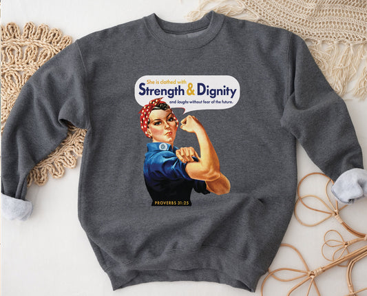 Rosie the Riveter Proverbs 31 Woman Christian aesthetic with iconic vintage female muscle design printed in white red gold and navy blue on cozy heather dark gray unisex crewneck sweatshirt for women