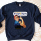 Rosie the Riveter Proverbs 31 Woman Christian aesthetic with iconic vintage female muscle design printed in white red gold and navy blue on cozy navy blue unisex crewneck sweatshirt for women