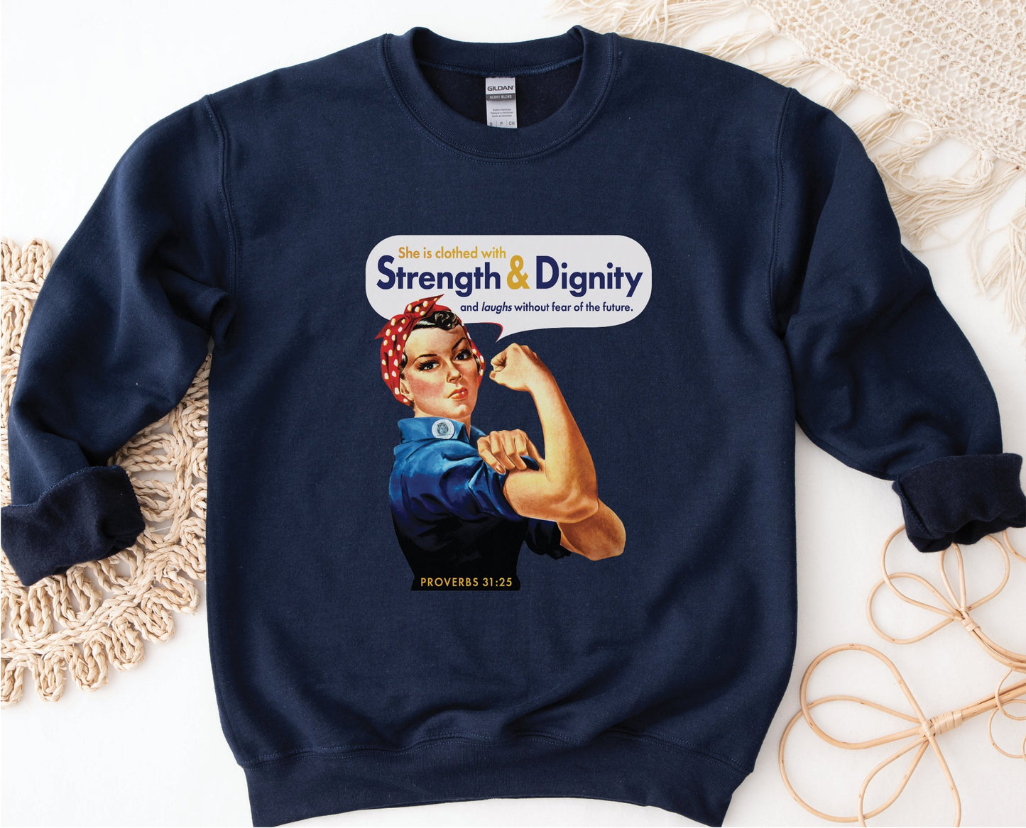 Rosie the Riveter Proverbs 31 Woman Christian aesthetic with iconic vintage female muscle design printed in white red gold and navy blue on cozy navy blue unisex crewneck sweatshirt for women