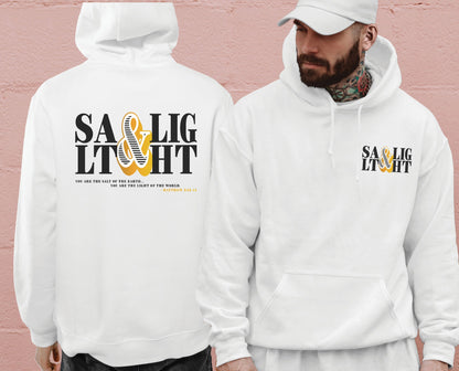 Retro Stacked Salt And Light Matthew 5 Christian bible verse design printed on front and back in black and gold on cozy white unisex hoodie for men and women