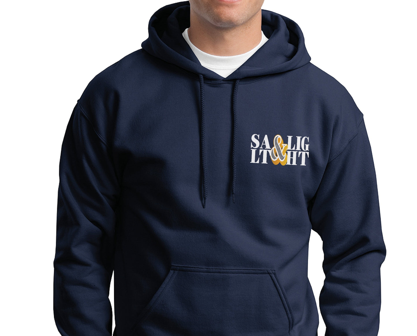 Retro Stacked Salt And Light Matthew 5 Christian bible verse design printed on front and back in white and gold on navy blue cozy unisex hoodie for men and women